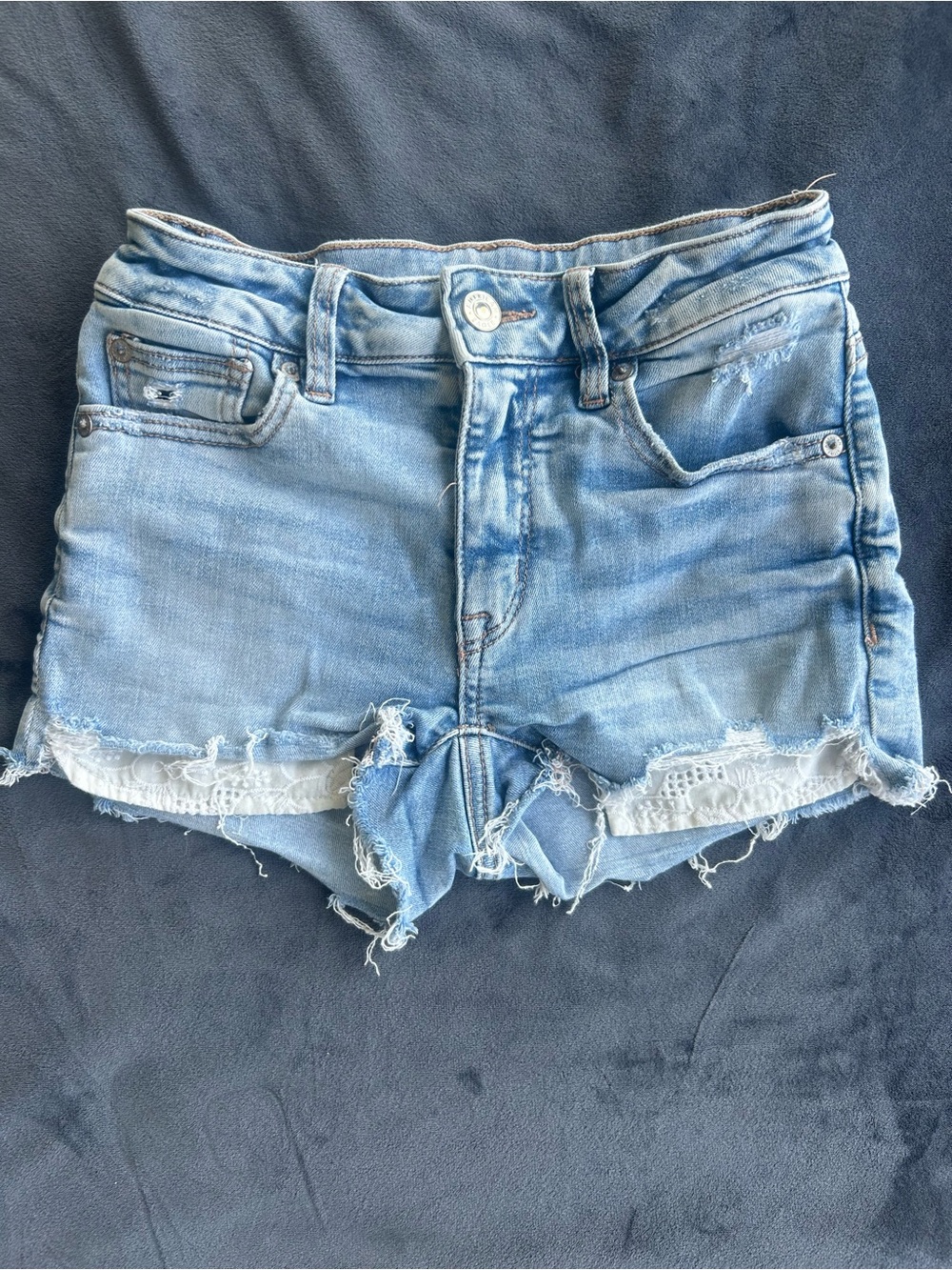 American Eagle Outfitters Light Blue Distressed Denim Shorts with Lace Hem